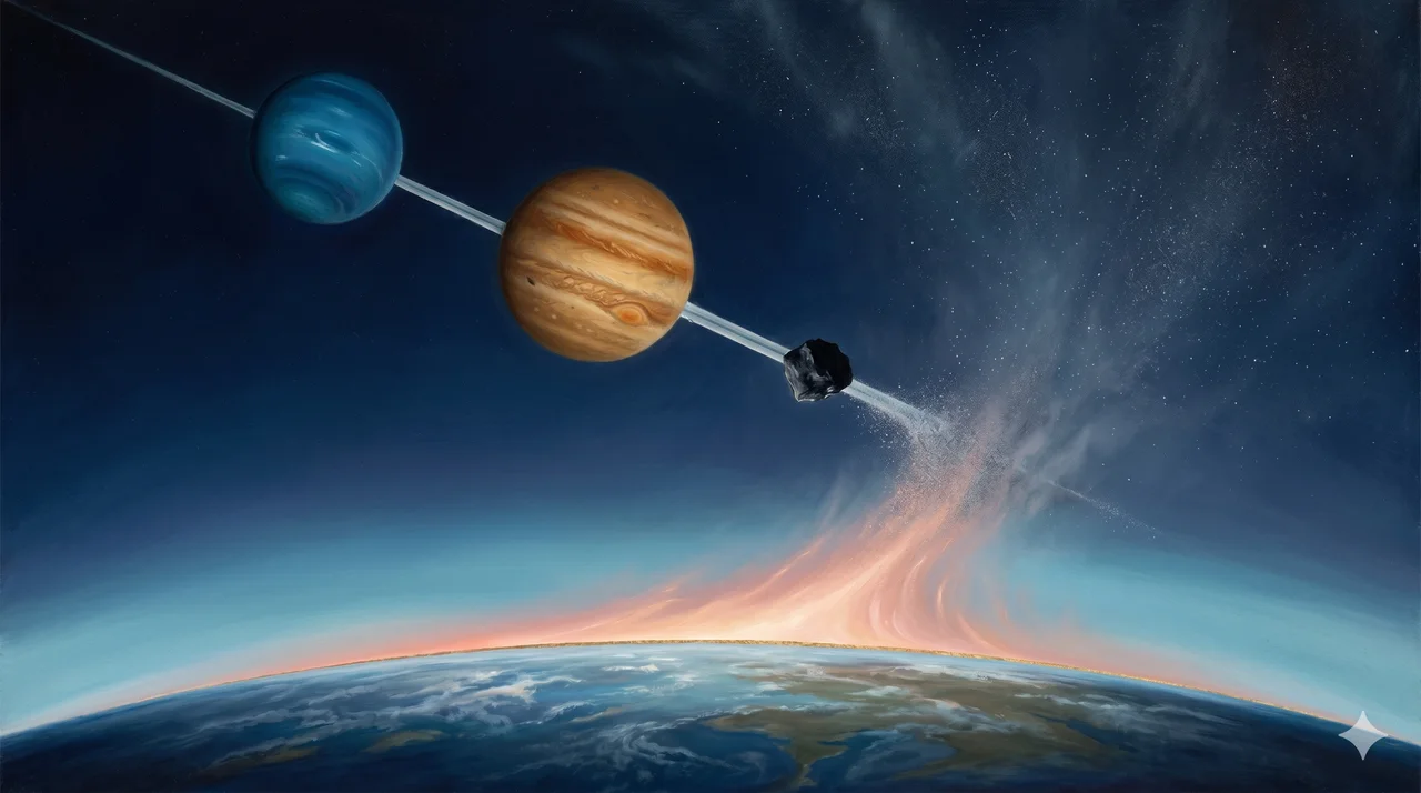 A stylized allegorical painting of three planetary bodies (Neptune, Jupiter, the asteroid Lilith) aligning above Earth with cold ceremonial light, the alignment line fading as warm Source-light rises from the planet to neutralize the trigger