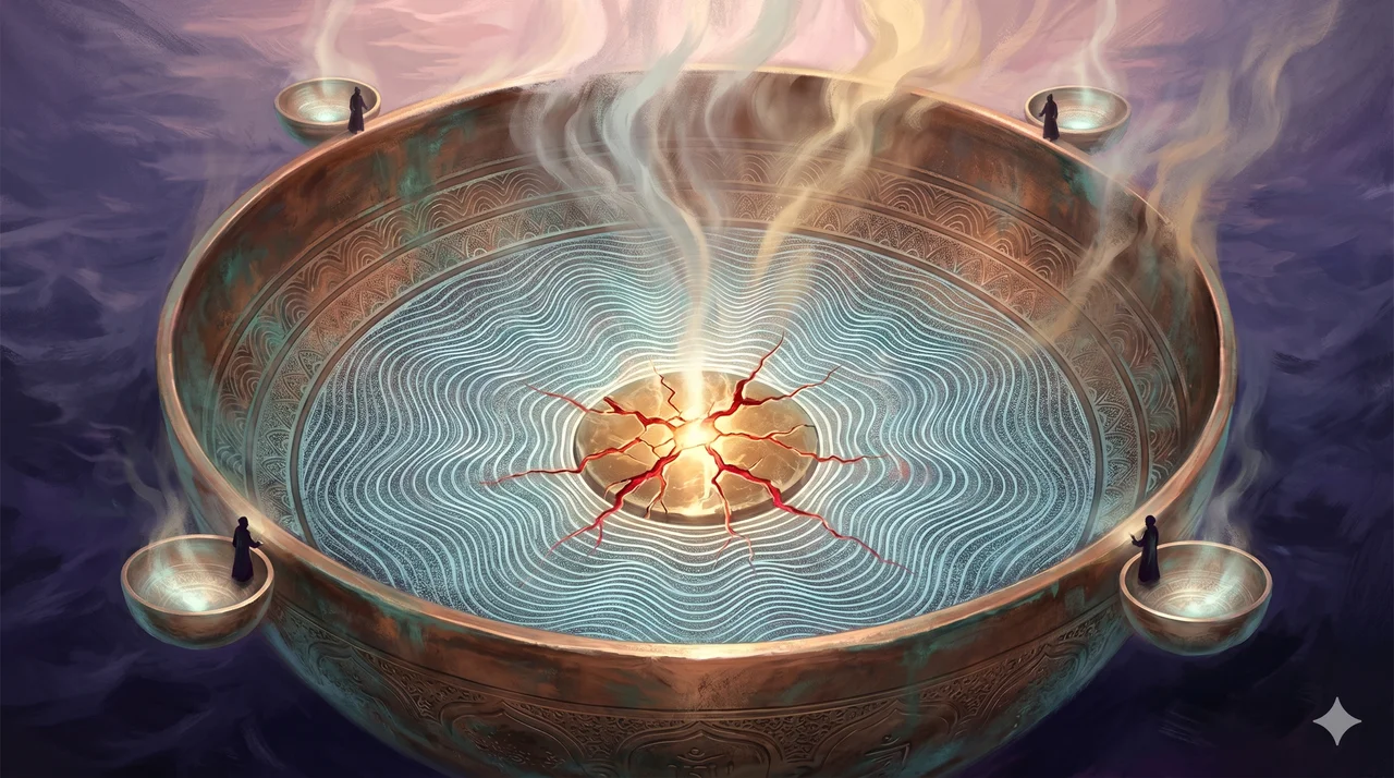 A stylized allegorical painting of the Pacific basin rendered as a vast luminous singing bowl with sine-wave ripples crossing its surface, cardinal subsidiary bowls glowing at its rim before the whole structure begins to dissolve