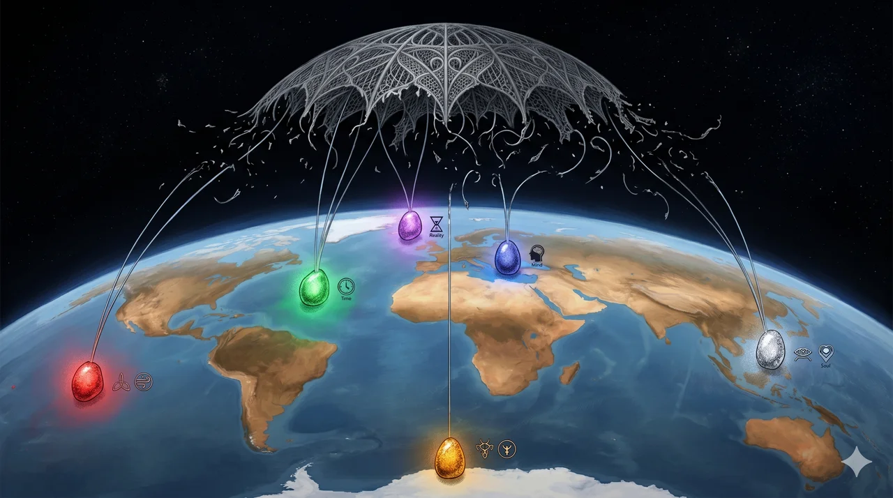 A stylized allegorical painting of Earth from orbit with six luminous stones marked at ocean basins (Pacific, Atlantic, Arctic, Antarctic, Mediterranean, South China Sea), each tethered by cold lines to a control architecture that is beginning to fray