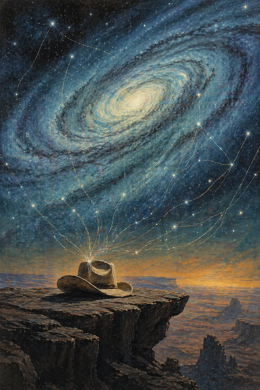 A lone figure in a cowboy hat silhouetted against a spiral galaxy, standing at the edge of an alien cliff with strands of light running back toward him