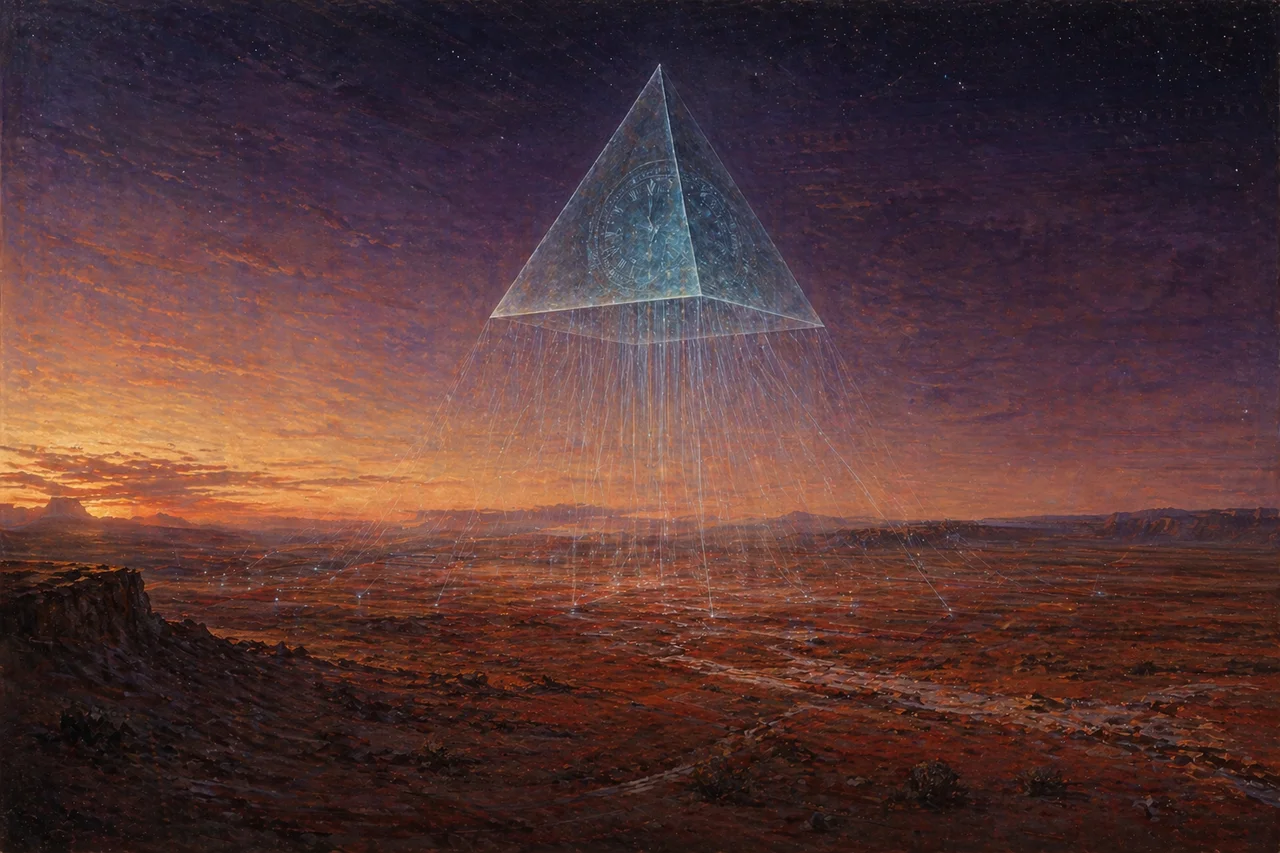 A translucent tetrahedron hovers above a red desert basin in Wyoming, glowing with an inner clock face; countless faint cords descend from its base to small human figures scattered across the landscape below