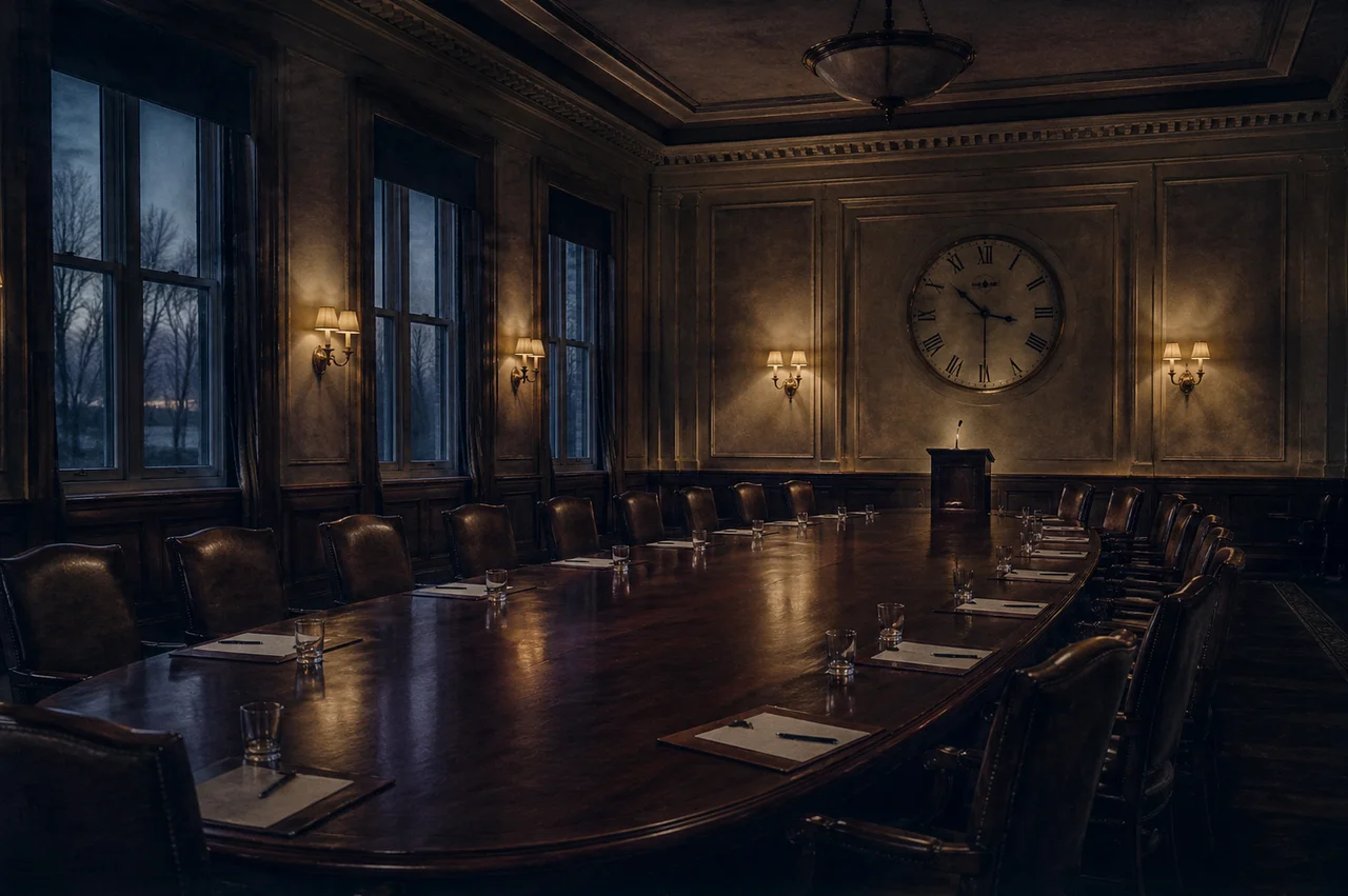 Dimly lit conference room with rows of empty chairs, a podium with no speaker, and a large clock on the wall showing a passed hour