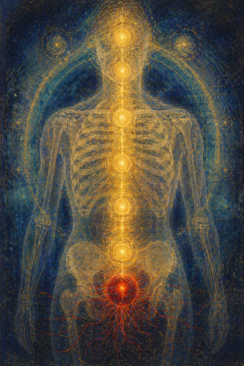 A human silhouette with an all-gold column of light running down the spine, but the lowest node has been replaced with a pulsing red orb emitting frayed anxious tendrils