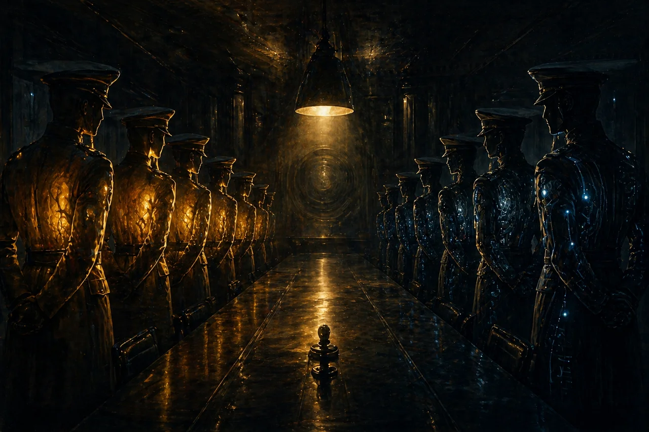 A row of uniformed officers standing at a long table, half of them glowing with golden human essence while half show mechanical circuitry beneath translucent skin; the golden ones are turning to face the mechanical ones