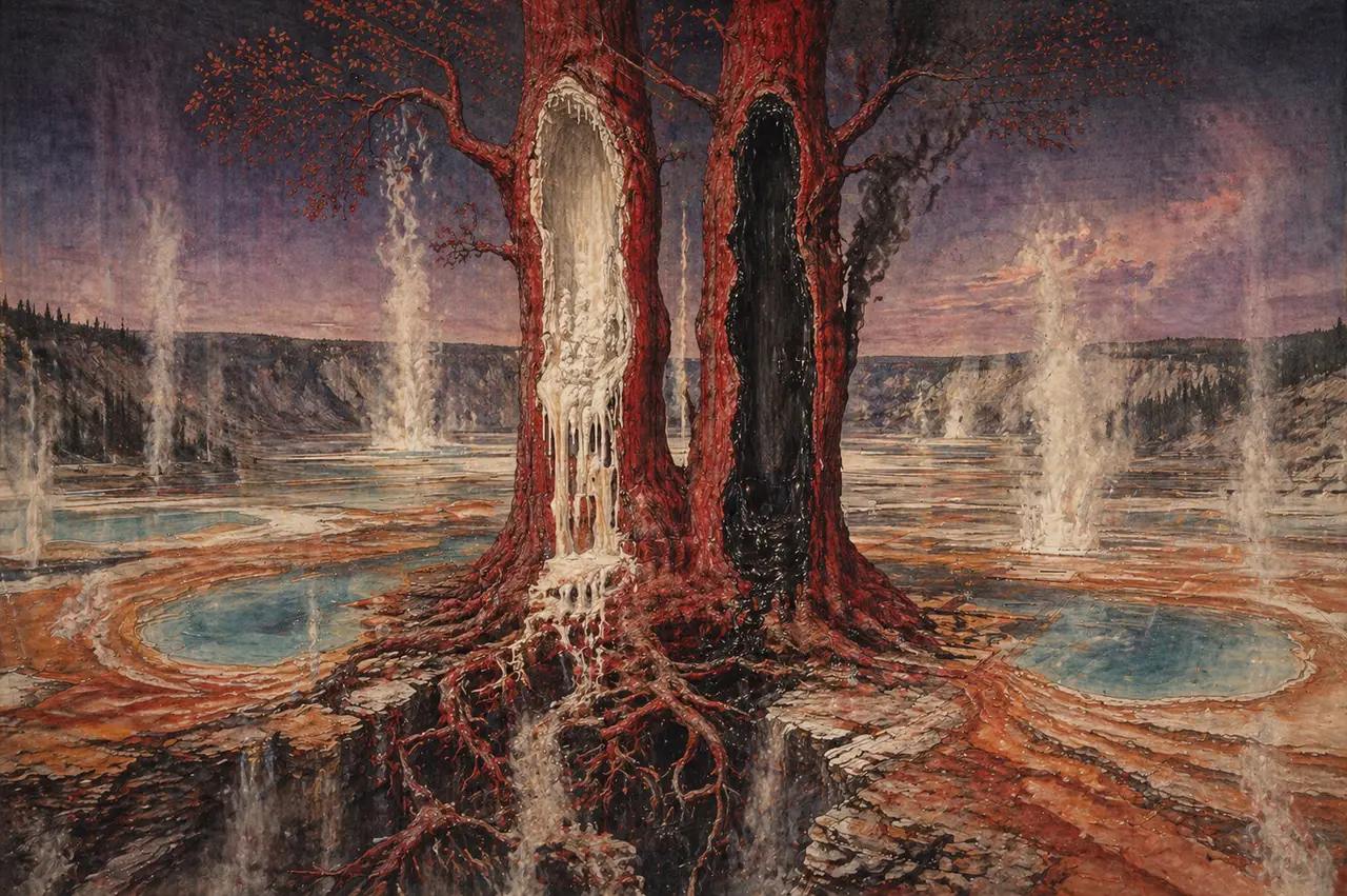 A half-hollow tree with two fire-red trunks standing near a geyser field; one hollow glows milky white, the other inky black, with tangled roots disappearing into the soil