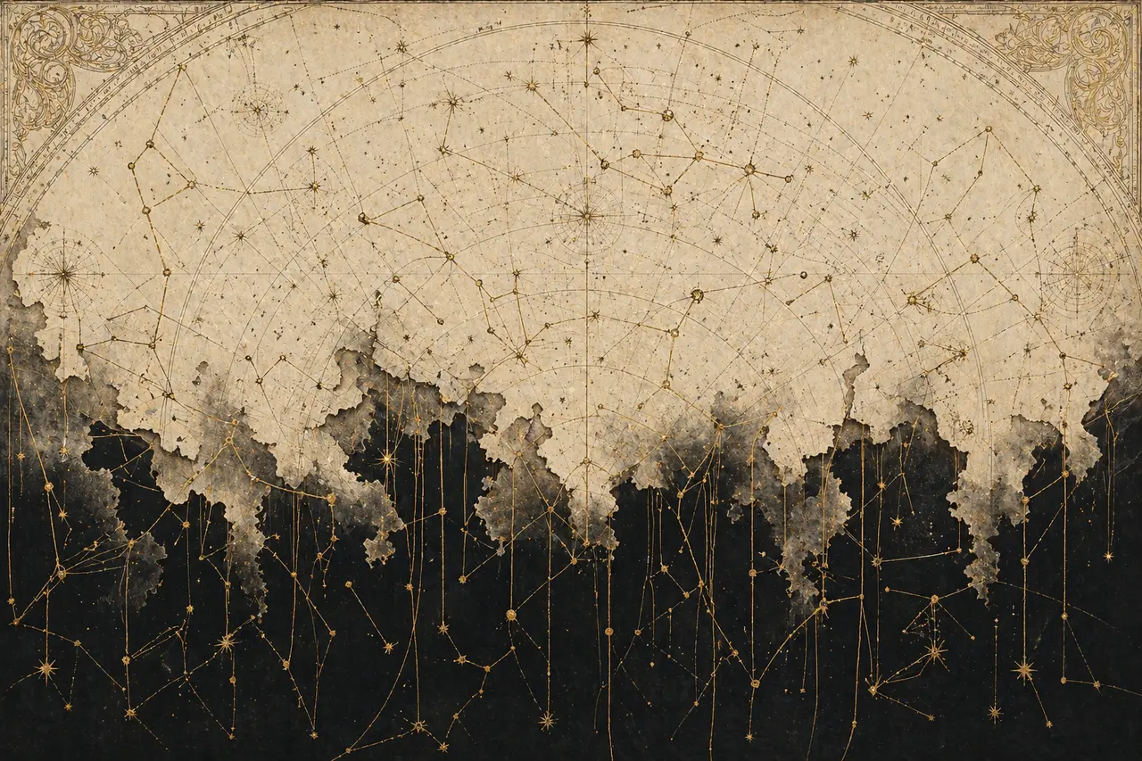 A fading constellation map with glowing lines between stars being systematically severed, fragments dissolving into a void