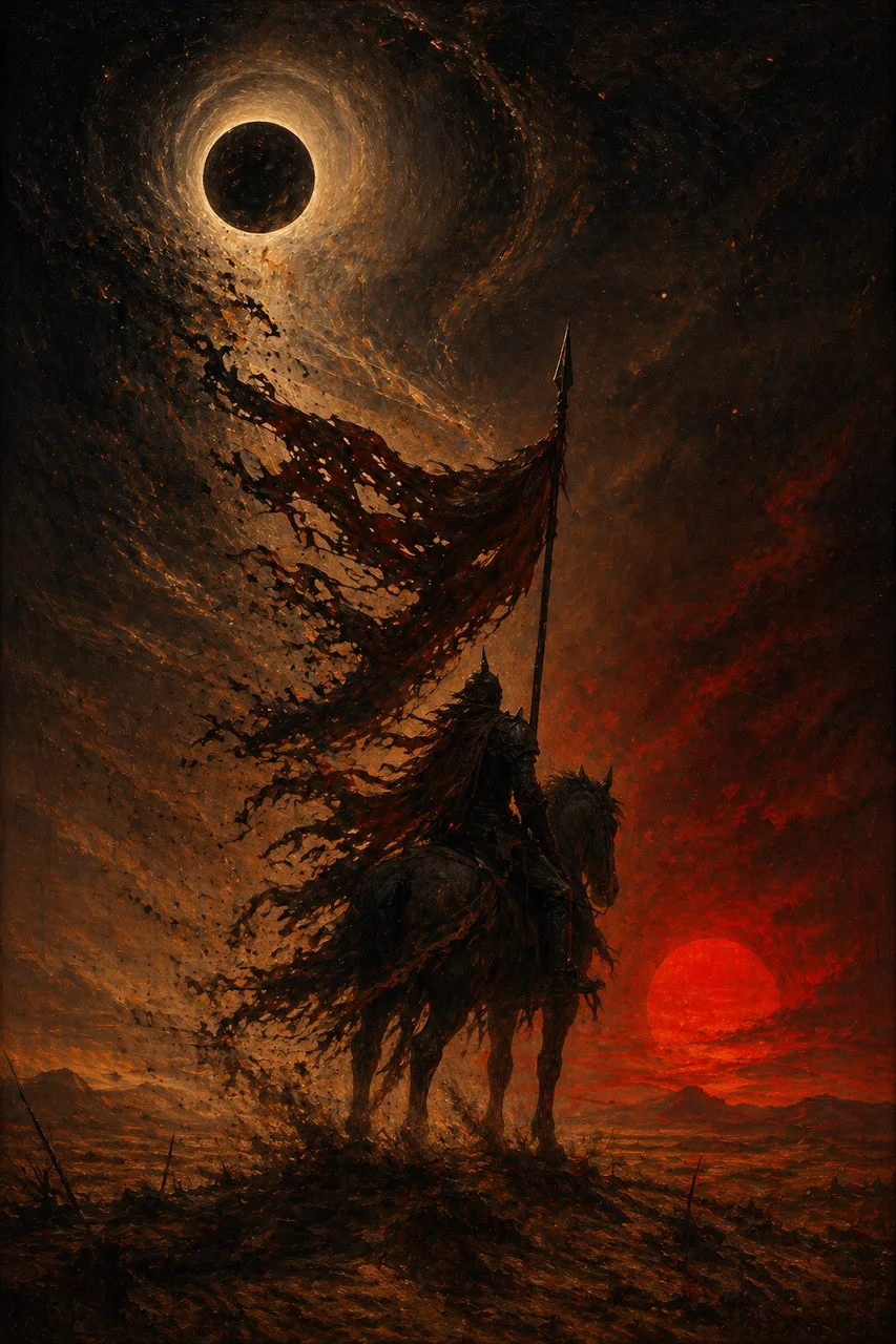 A silhouetted mounted warrior against a crimson-and-obsidian sky with twin suns, ancient banners dissolving into swirling cosmic dust