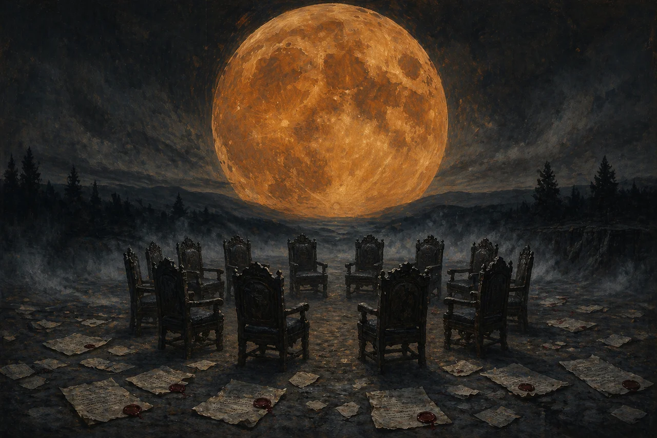 A large golden Harvest Moon rising over a circle of empty ceremonial chairs arranged on a dark plateau, with paper contracts scattered on the ground