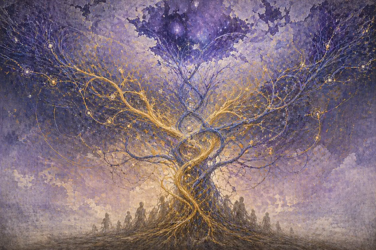 A translucent genealogical tree with golden and dark threads interwoven, tracing upward from modern silhouettes into a fractured cosmic canopy
