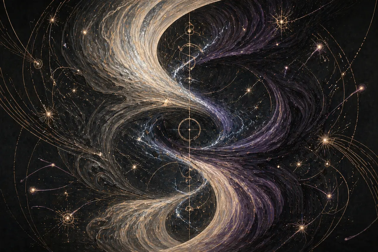 Two warring cosmic currents of light and shadow locked in a permanent eddy outside the flow of time, stars frozen mid-rotation