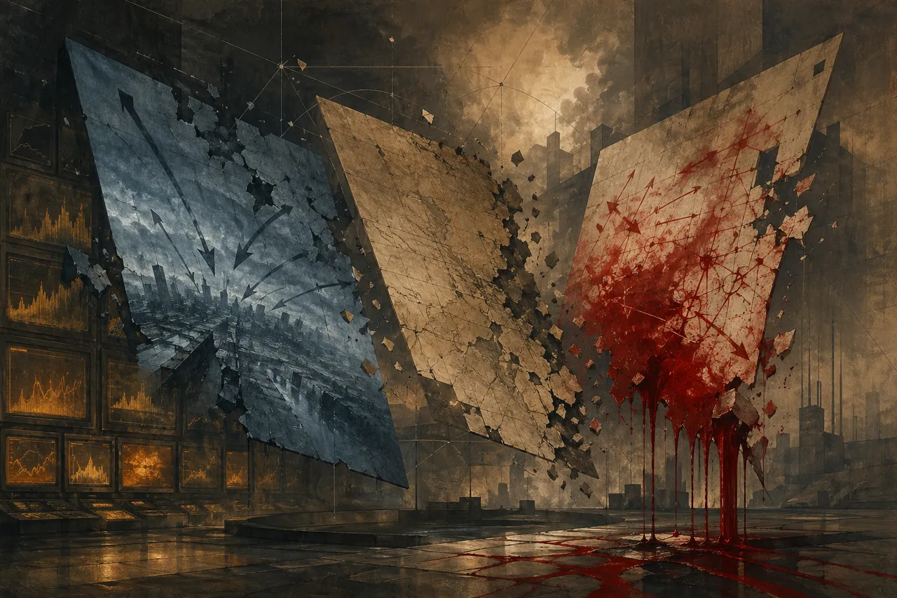 Three splintered planning boards tilting away from a central point, each fragment drifting in a different direction against a dim backdrop