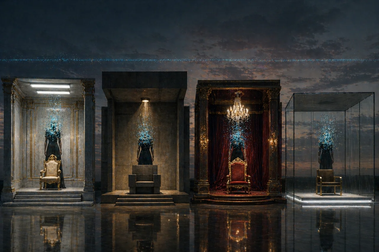 Silhouettes of women in formal attire standing behind heads of state across world capitals, their outlines dissolving into pixel fragments