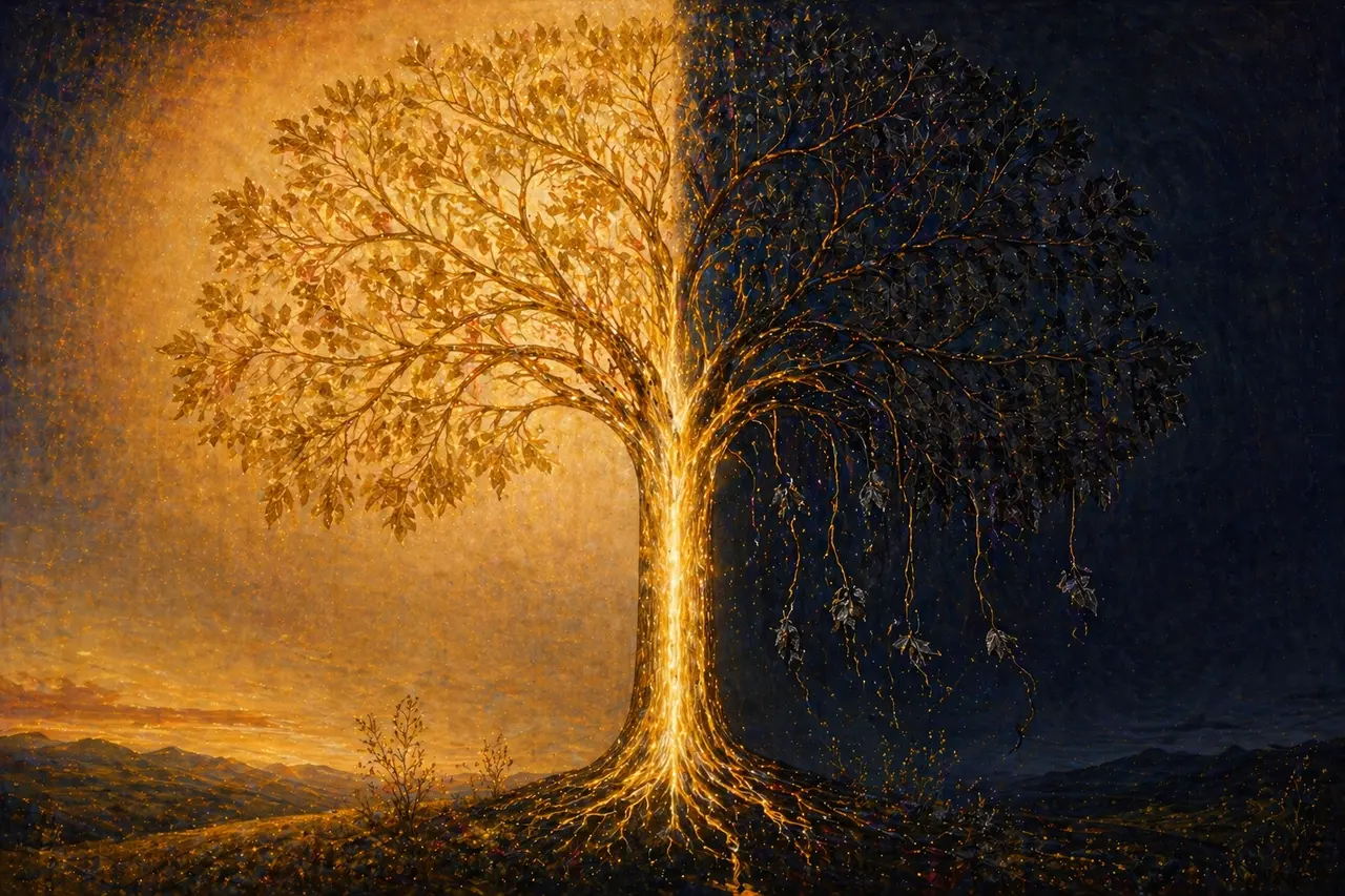 A luminous tree of golden light with dark mirror branches attempting to draw energy, while the trunk quietly withdraws the sap that powered them
