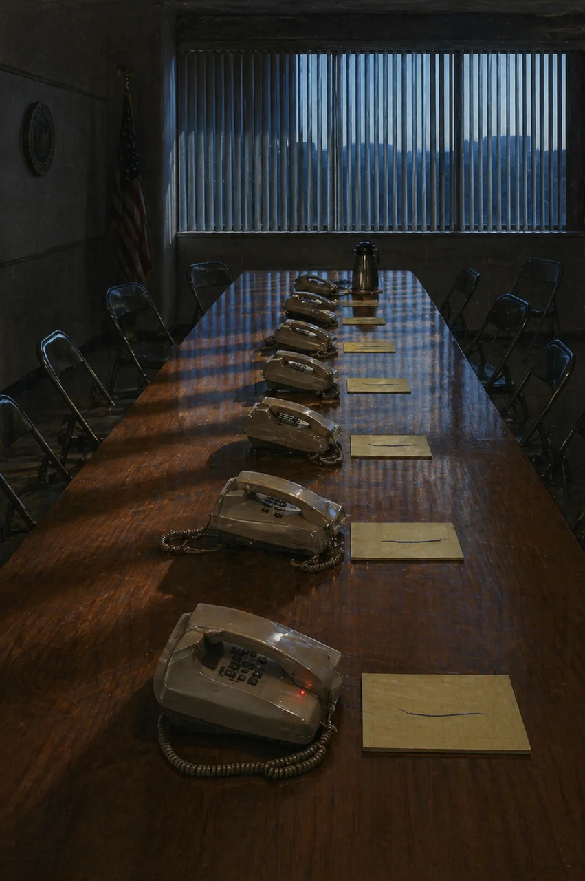 Empty briefing room with phones laid out on a long table, no one answering, phones visibly untouched over a weekend