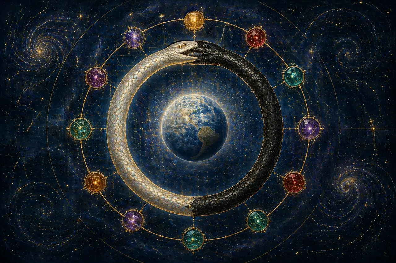 A celestial serpent coiling across the equator of a luminous Earth, with thirteen glowing constellation nodes arranged in a ring