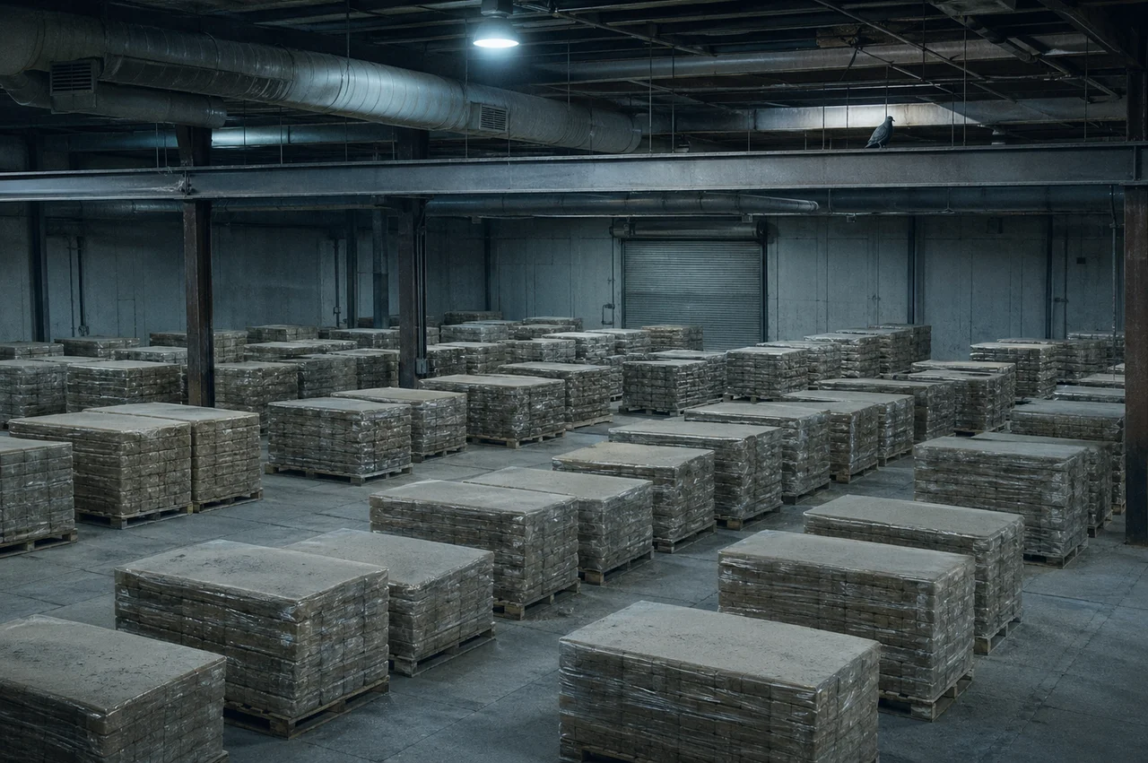 Stacks of counterfeit high-denomination bills sitting unused on industrial pallets under dim warehouse light