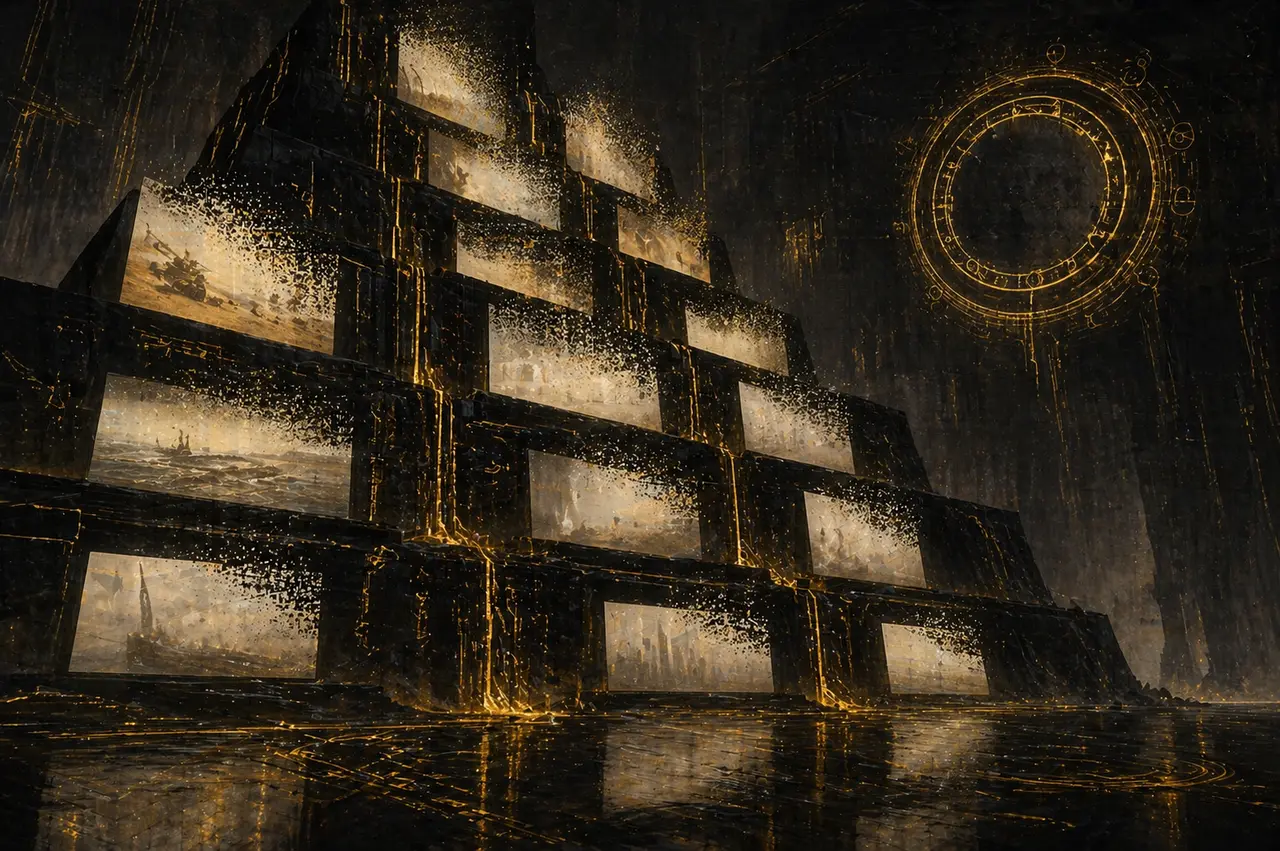 Ancient machinery of luminous glyphs running dozens of translucent war simulations, each one dissolving into empty screens