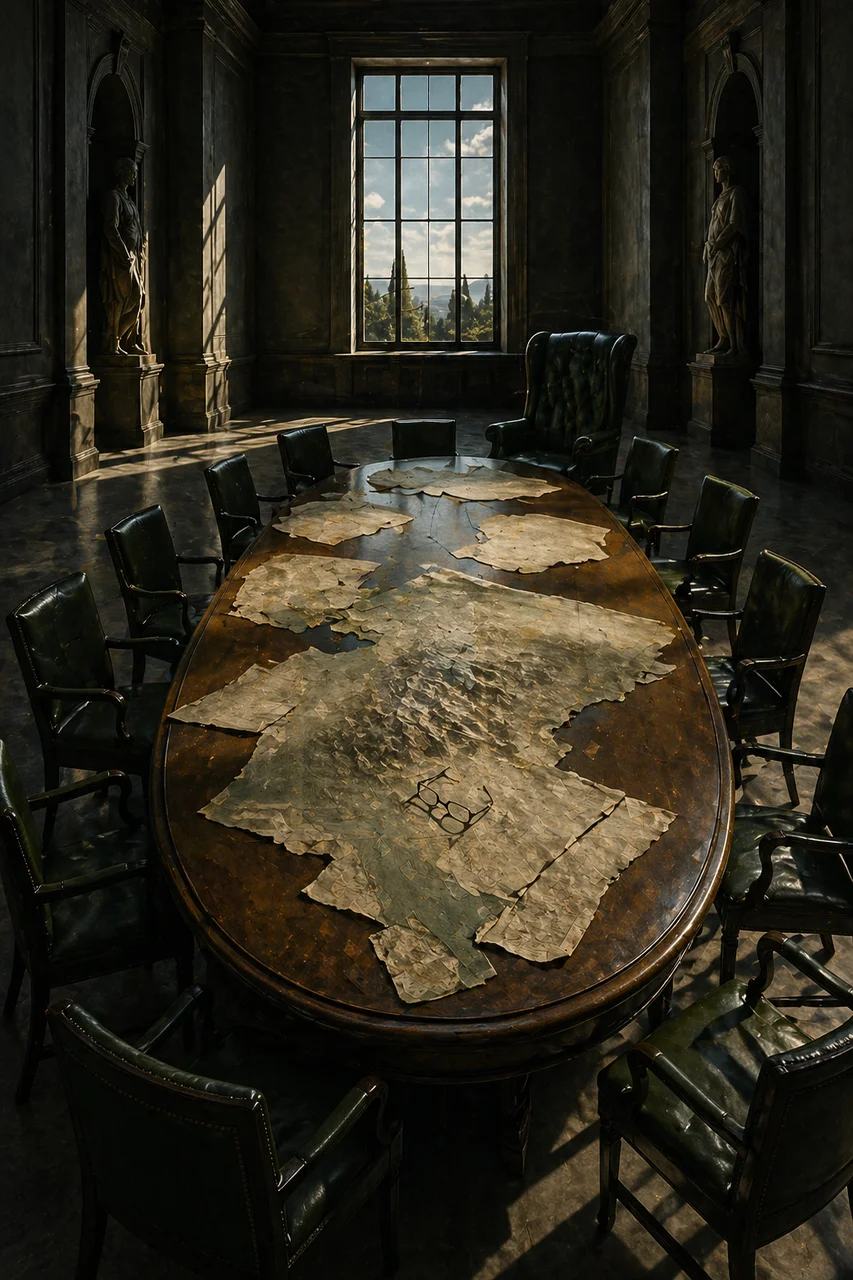 A symbolic military briefing room with an empty commander's chair at the head of the table, twelve empty chairs around it, maps torn at the edges