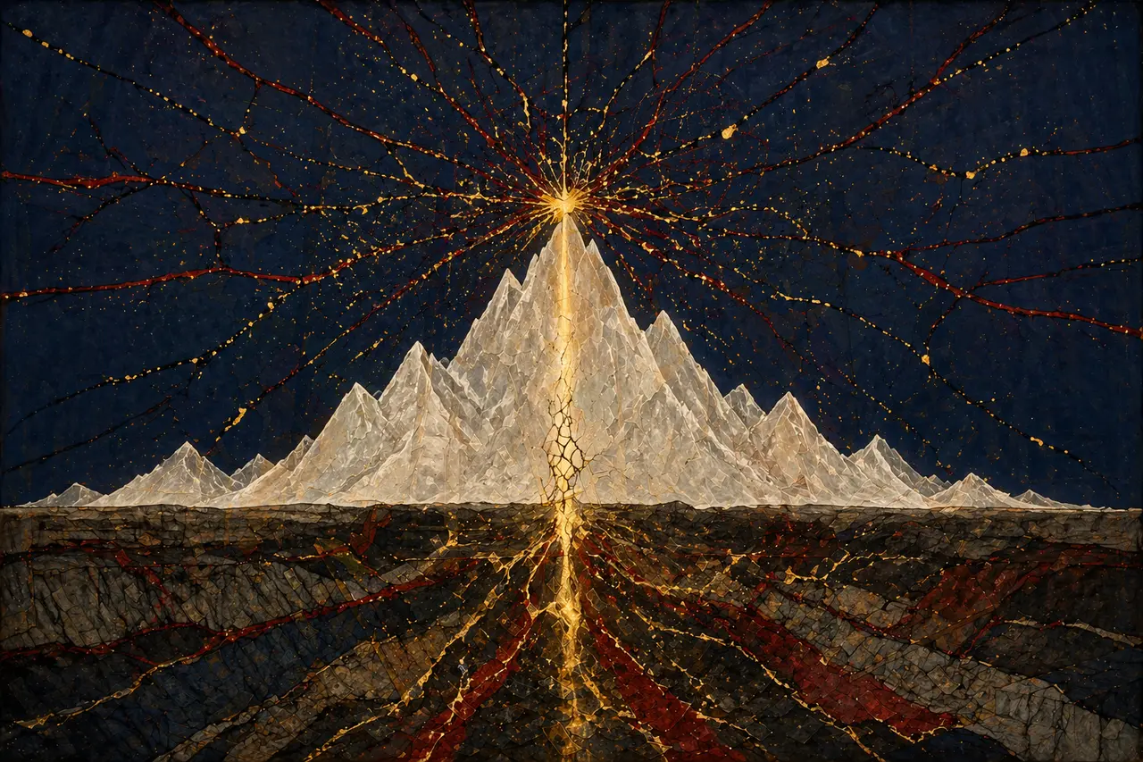 A conceptual image of a mountain silhouette with gold light flowing upward and being cracked outward along shattered-glass fracture lines, veins radiating from a central break point in black and red