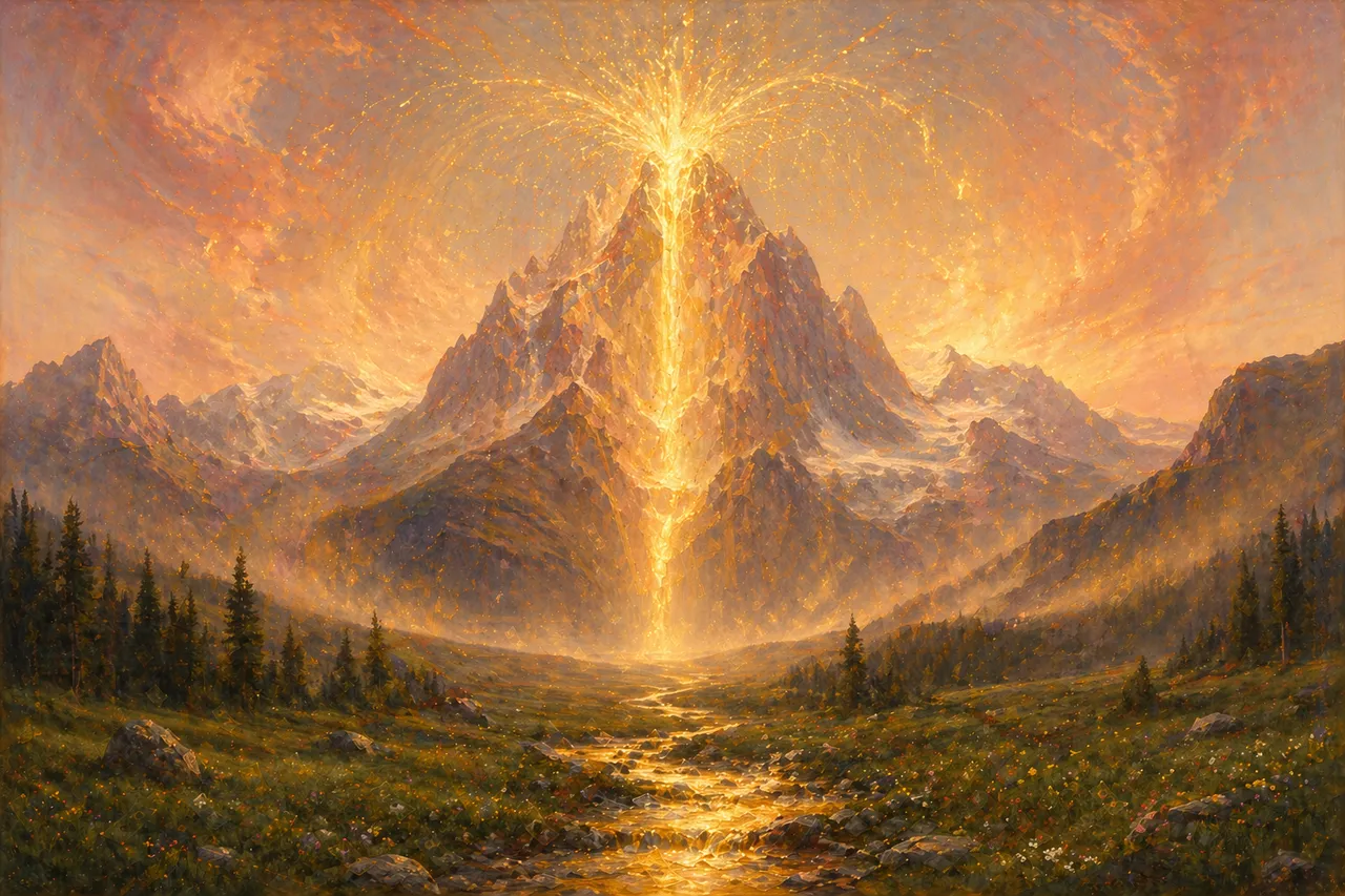 Gold and translucent water light rising through a mountain silhouette from deep within the planet, unimpeded by the cracks that once split it