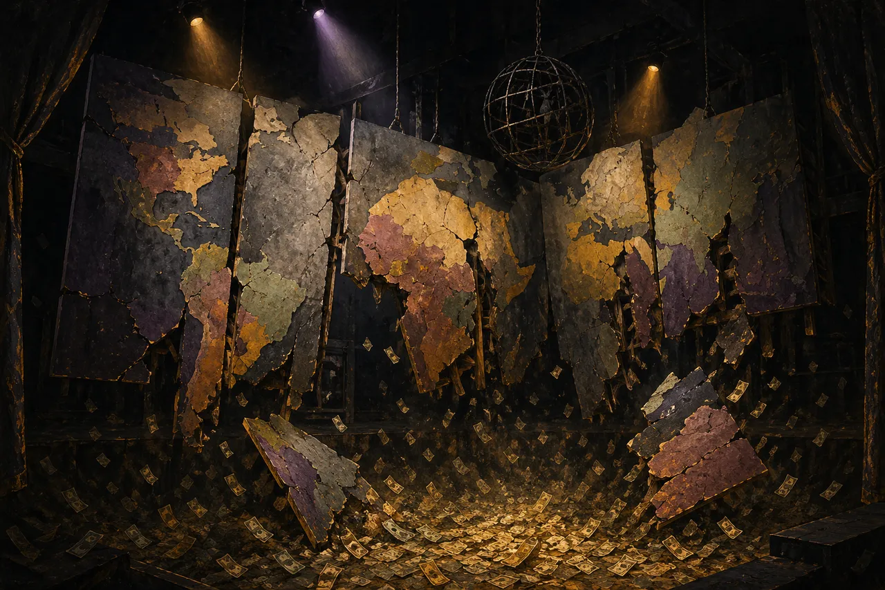 Symbolic world map rendered as a brittle stage set, territorial pieces detaching and falling away, currency notes drifting into shadow