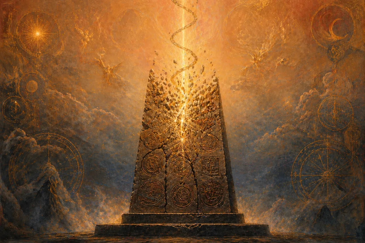 A cracked stone tablet dissolving into light, ancient seals breaking apart as a thin new thread of gold begins to weave upward