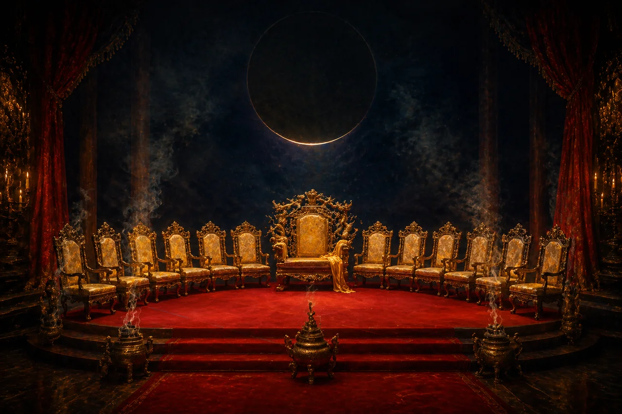 An ornate empty ceremonial platform beneath a new moon, gilded chairs arranged for dignitaries, a vacant seat at the center where a figure should stand