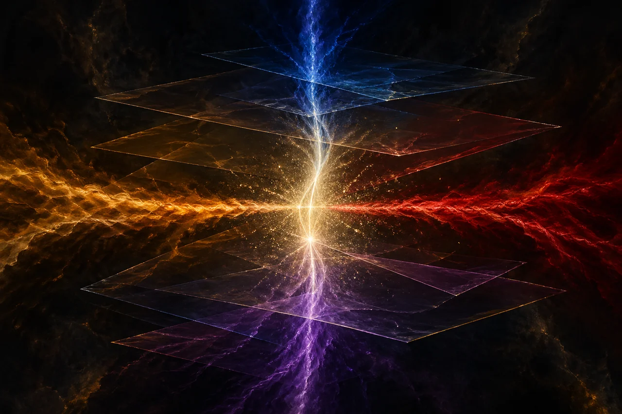 A solitary figure at the center of converging energetic currents pulling in opposite directions across multiple translucent planes