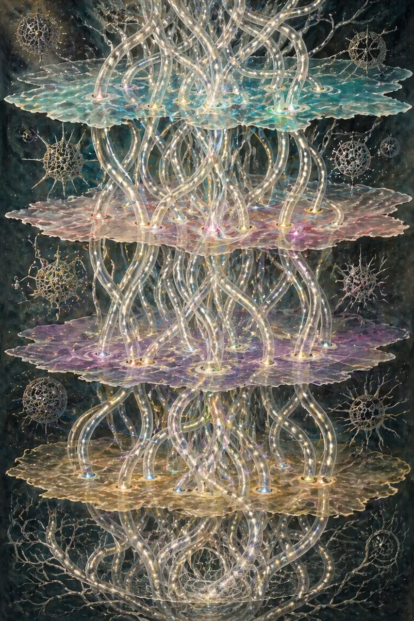 A luminous web of energetic corridors threading between translucent dimensional layers, currents pulsing along them in alternating directions