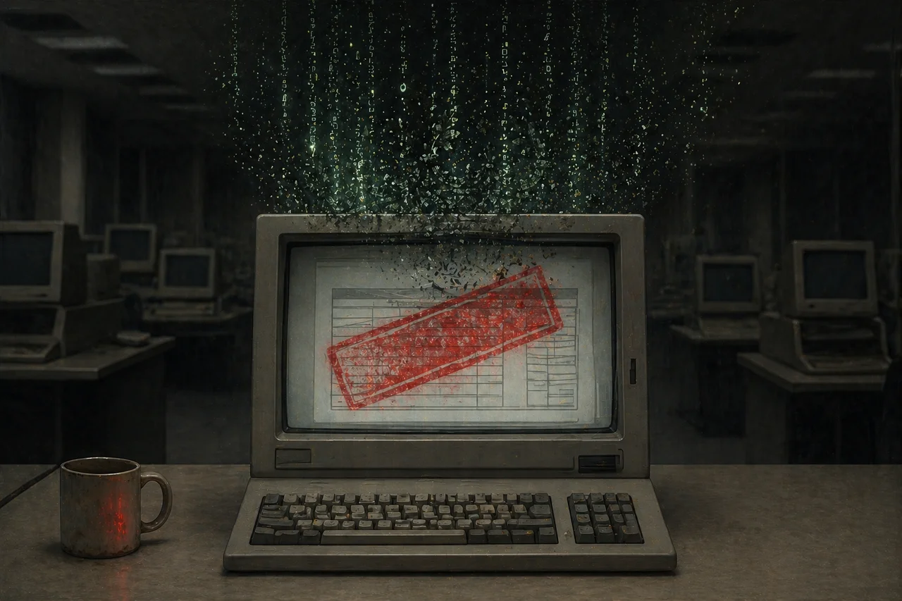 A bank terminal screen showing a red INVALID stamp over an allocation number entry, glowing lines of code collapsing behind it