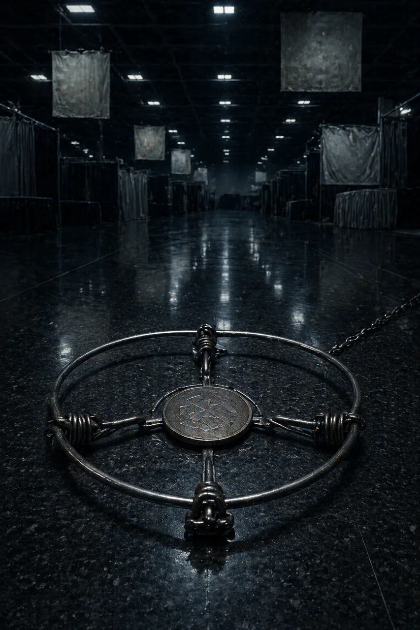 A metallic coin labeled with a dollar sign caught in a wire trap on a conference hall floor, bank logos fading in the background