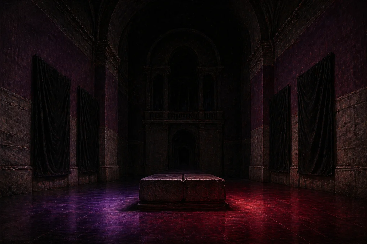 A darkened basement room with an empty stone altar at center, violet and crimson light pooling on the floor, walls hung with shrouded canvases