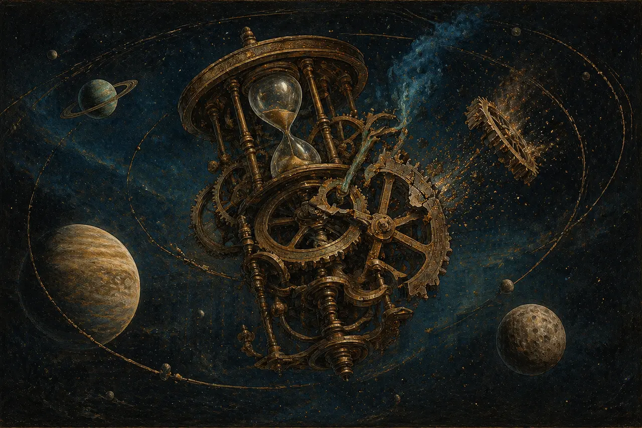 An analog egg timer mechanism floating against a starfield, its gears disintegrating into sparks as planets drift behind it