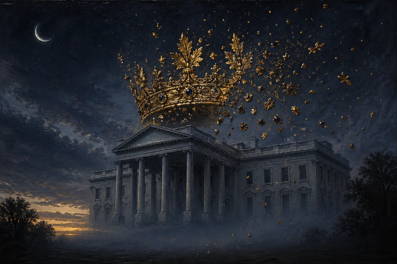 Conceptual image of a crown hovering above the White House at dusk, fragments of gold light breaking apart mid-air