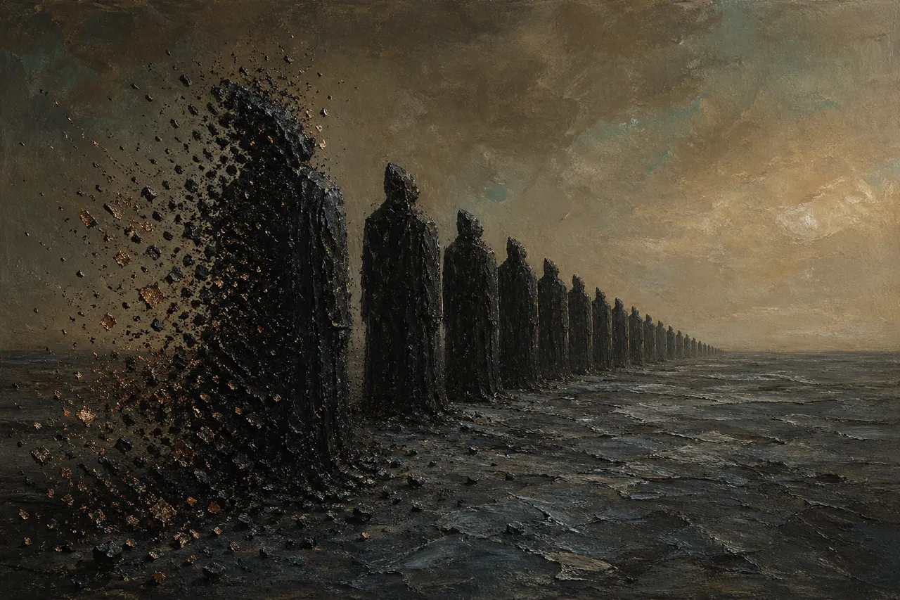 A row of identical figures silhouetted against a pale sky, the last one fading into dust as the line breaks