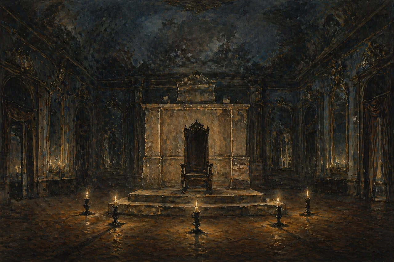 An ornate ritual chair standing empty in a dim replica temple chamber, candles burning low around a silent stone altar