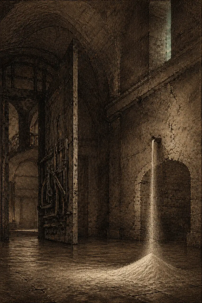 An empty vault with a single thin stream of dust pouring out of a broken pipe, suggesting a reserve that exists on paper only