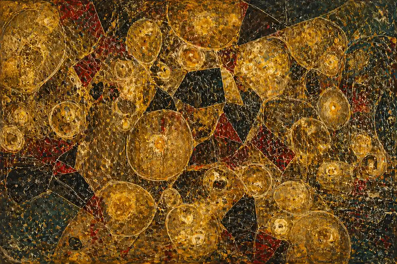 A microscopic view of golden organic cells interwoven with black and red inorganic spots, the two fabrics almost indistinguishable