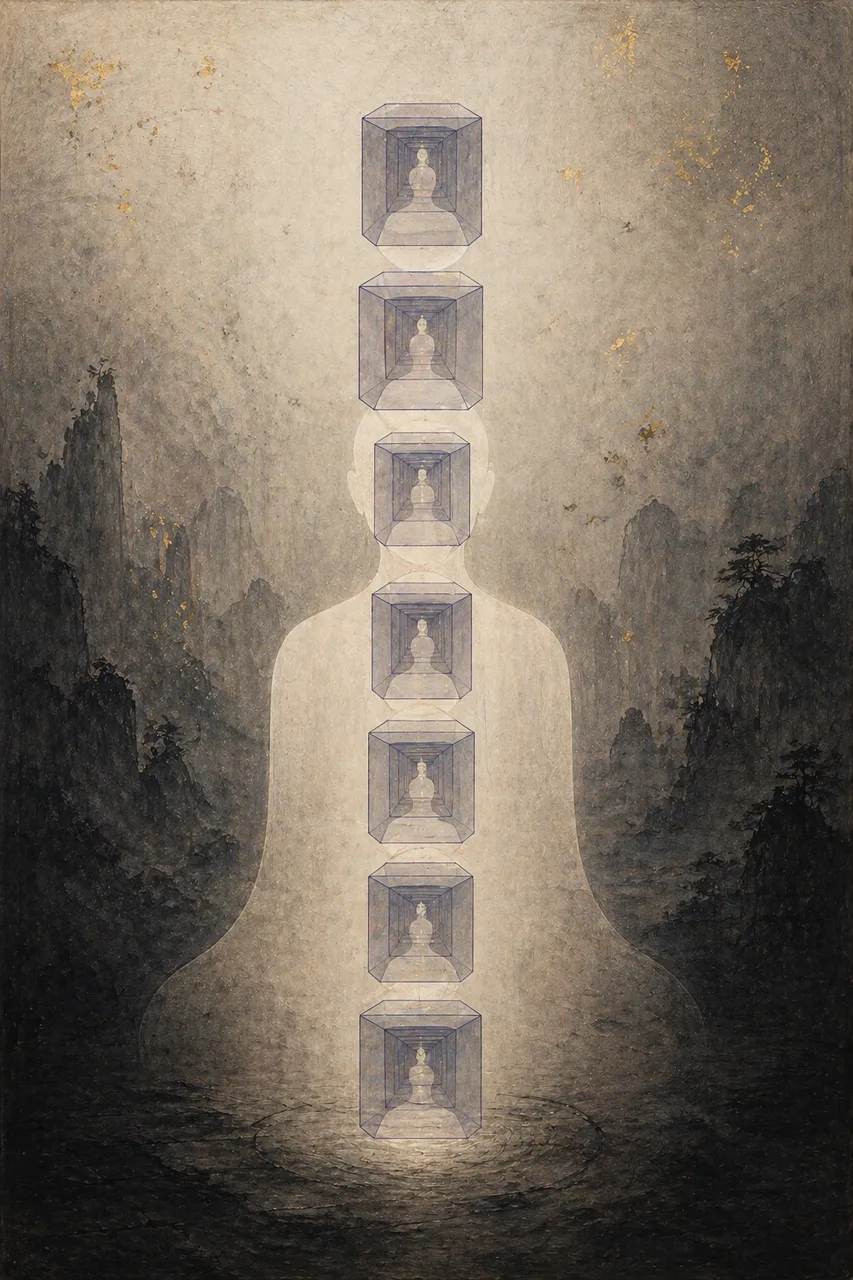 A human silhouette surrounded by translucent cubes at heart, head, and chakra points, each cube reflecting the figure back as a duplicate