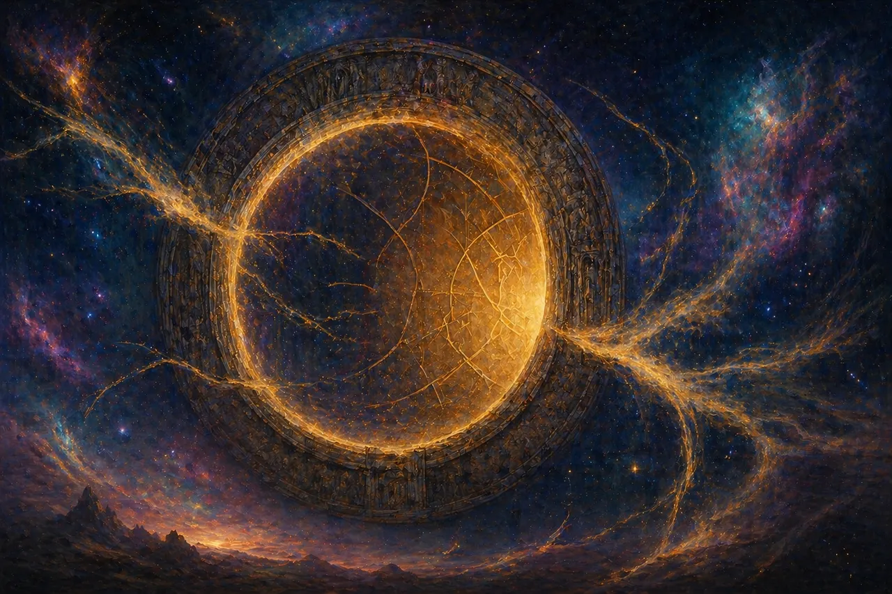 A vast cosmic doorway in deep space, its edges dissolving into golden dust as the opening seals from within
