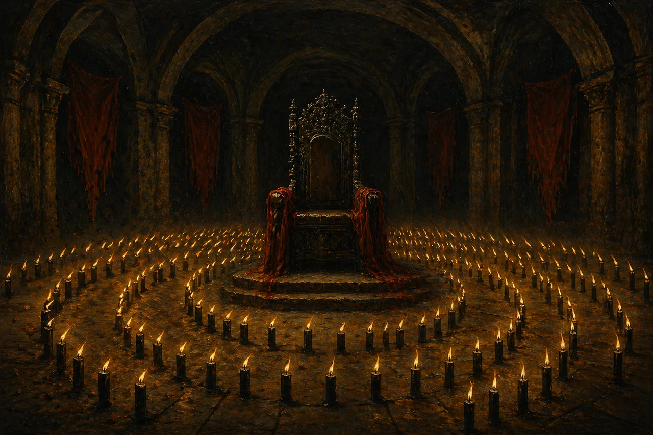 A series of dark candles burning in concentric circles inside a shadowed underground chamber, flames flickering toward an empty throne