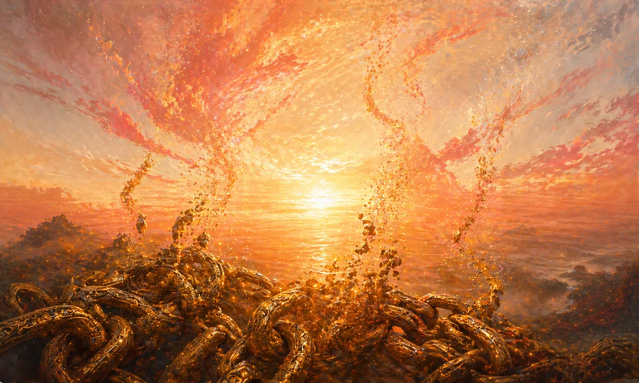 A vast tangle of golden chains dissolving into dust against a sunrise, fragments drifting upward toward a luminous open sky