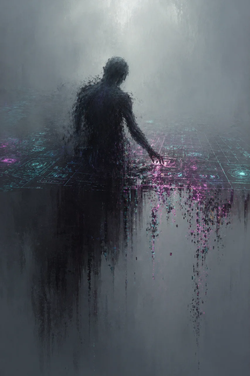 A shadowed figure standing at the edge of a dissolving holographic grid, reaching toward interfaces that fade into nothing under cold pale light