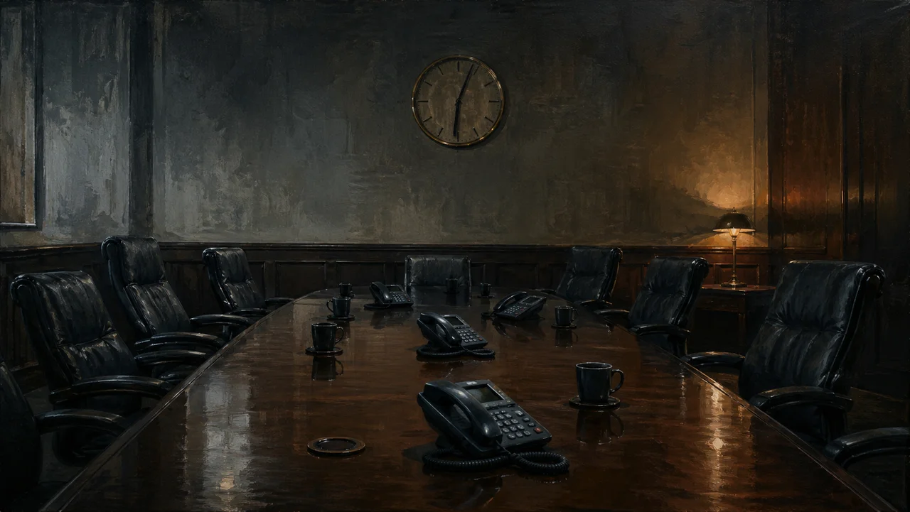 A shadowed operations room with silent phones and a wall clock frozen just past 6 AM, empty chairs pushed back from a conference table