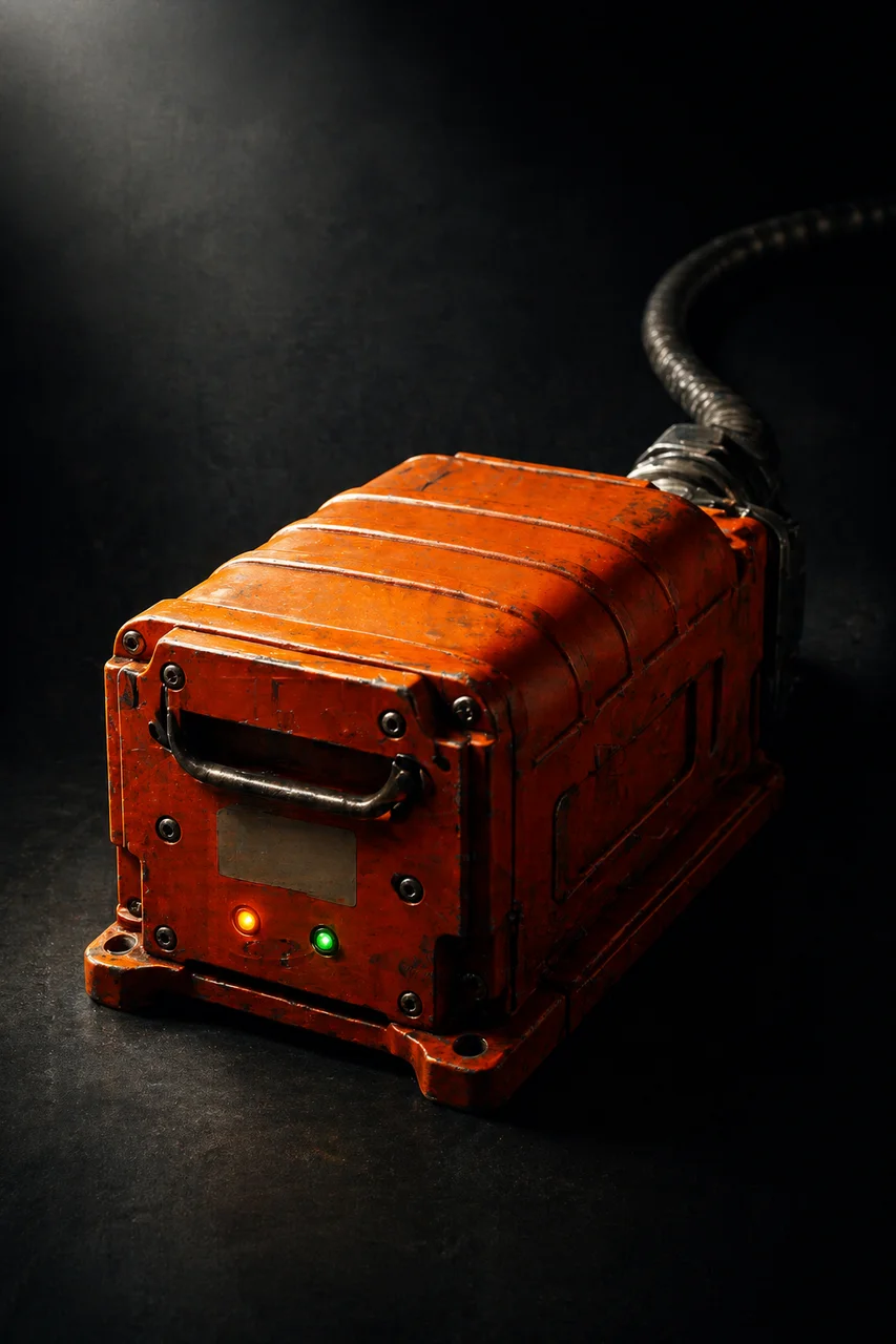 An orange aircraft flight recorder resting on a dark surface, its indicator lights glowing faintly beneath a cable that trails off into shadow