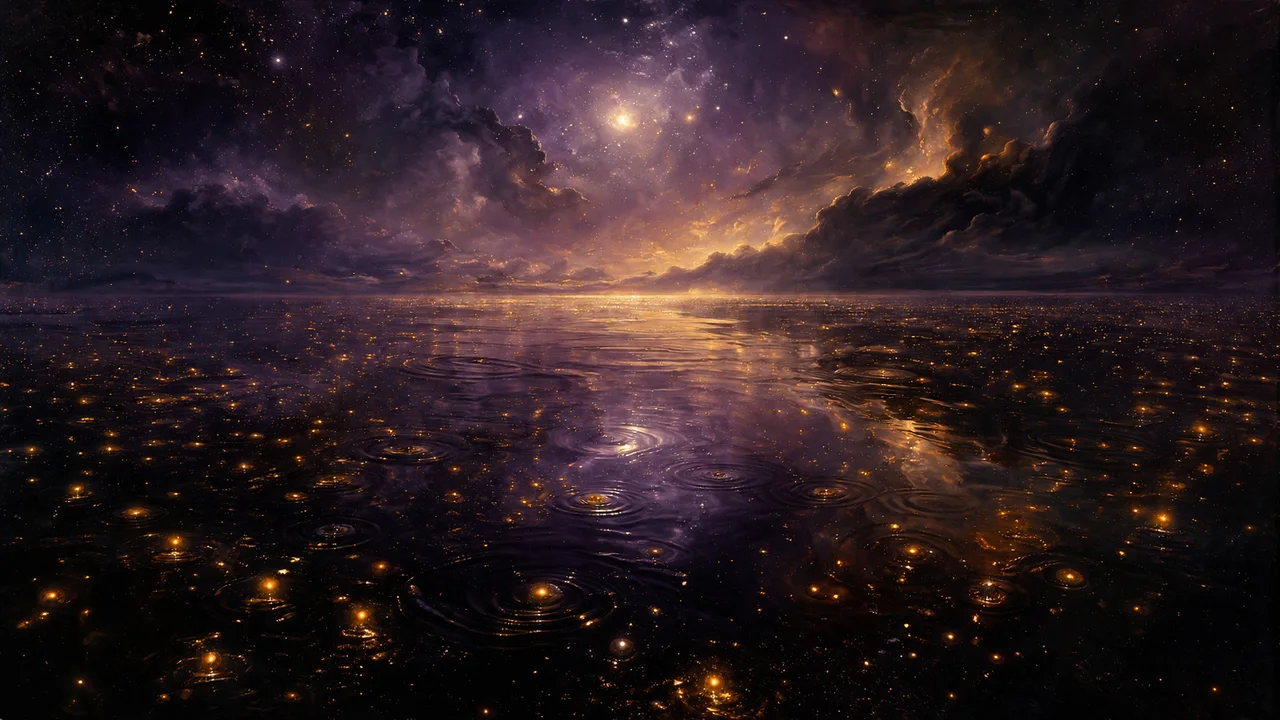 A vast dark sea suspended between star-fields, its surface shimmering with countless small lights like submerged embers, bordered by shadowy unseen shores