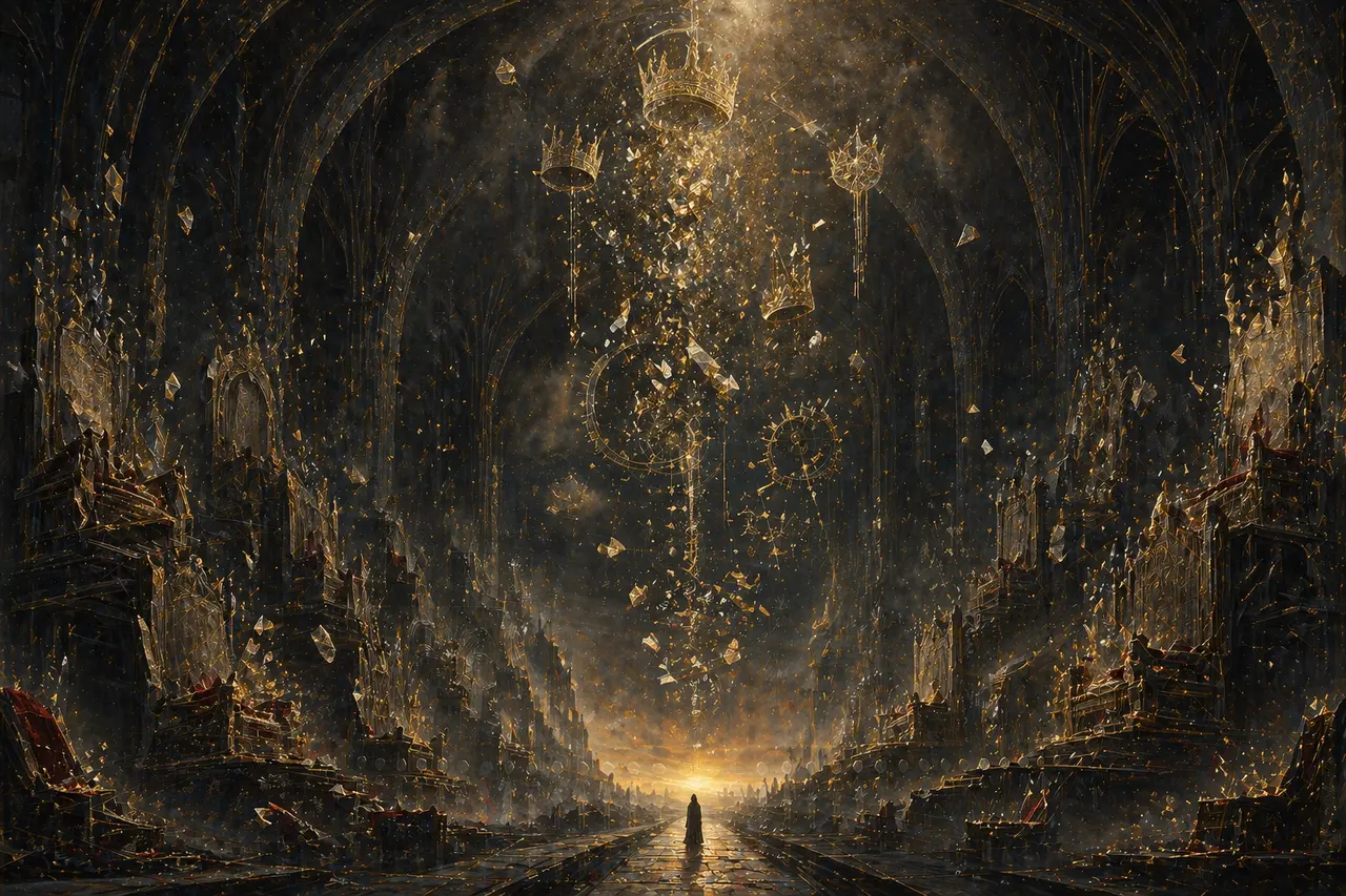 A lone figure silhouetted against an immense cathedral of shattering glass thrones, fragments of crowns and gears dissolving into light as they fall toward a dark horizon