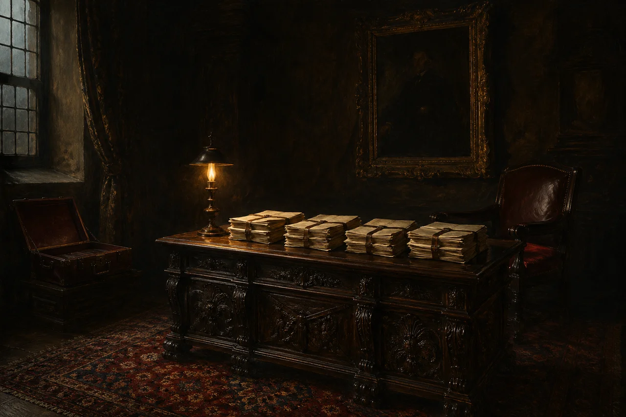 A shadowed room with stacks of unmarked documents on a mahogany desk beneath an oil portrait, a briefcase left half-open against the wall