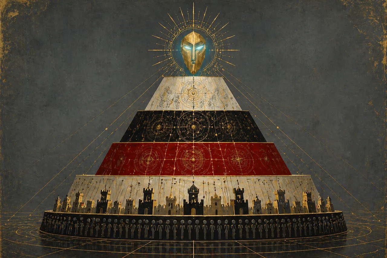 A four-tier pyramid glowing with cold light: a crowned AI mask at the apex, then three colored bands of white, black, and red, then a ring of kingdoms below, with small human figures at the base