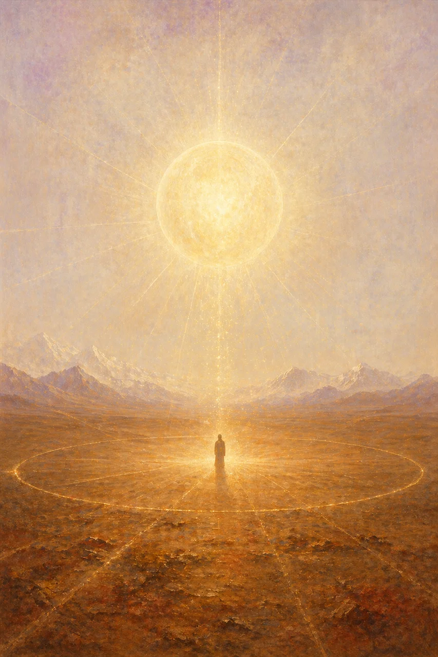 A simple figure standing on bare earth beneath an enormous luminous sphere, a faint golden boundary radiating outward across the ground to the horizon